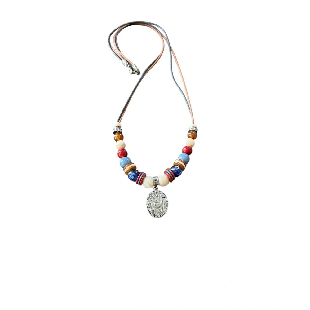 Liz Claiborne Beaded Necklace with Llama Pendant Leather Cord